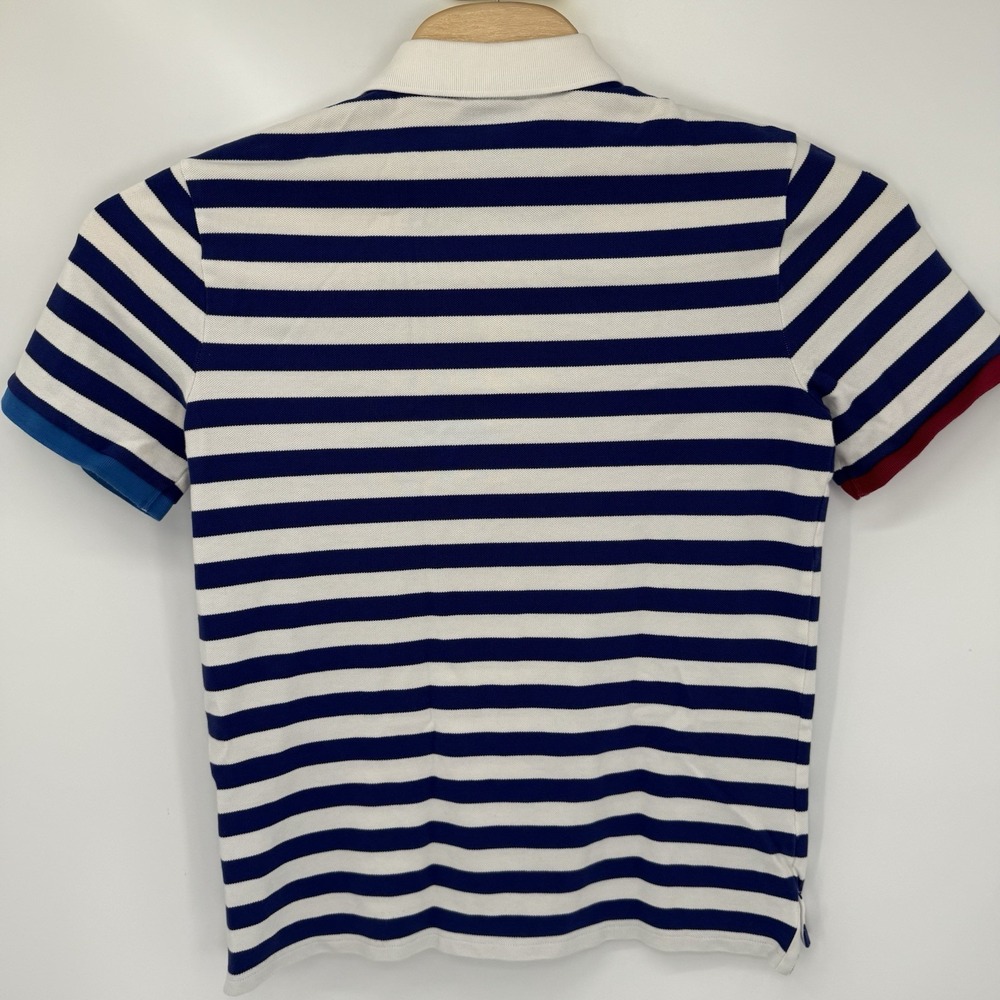 Nike Polo Shirt Womens M Navy Blue Striped Smiley Face Swoosh Contrast Cuff - Picture 3 of 6